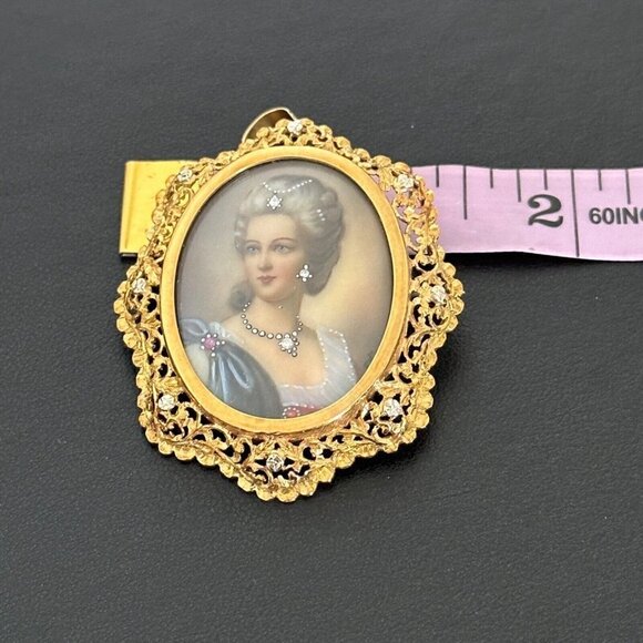 18K Yellow Gold Antique Intricate Filigree Diamond Portrait Cameo Pin Pendant - Picture 12 of 15